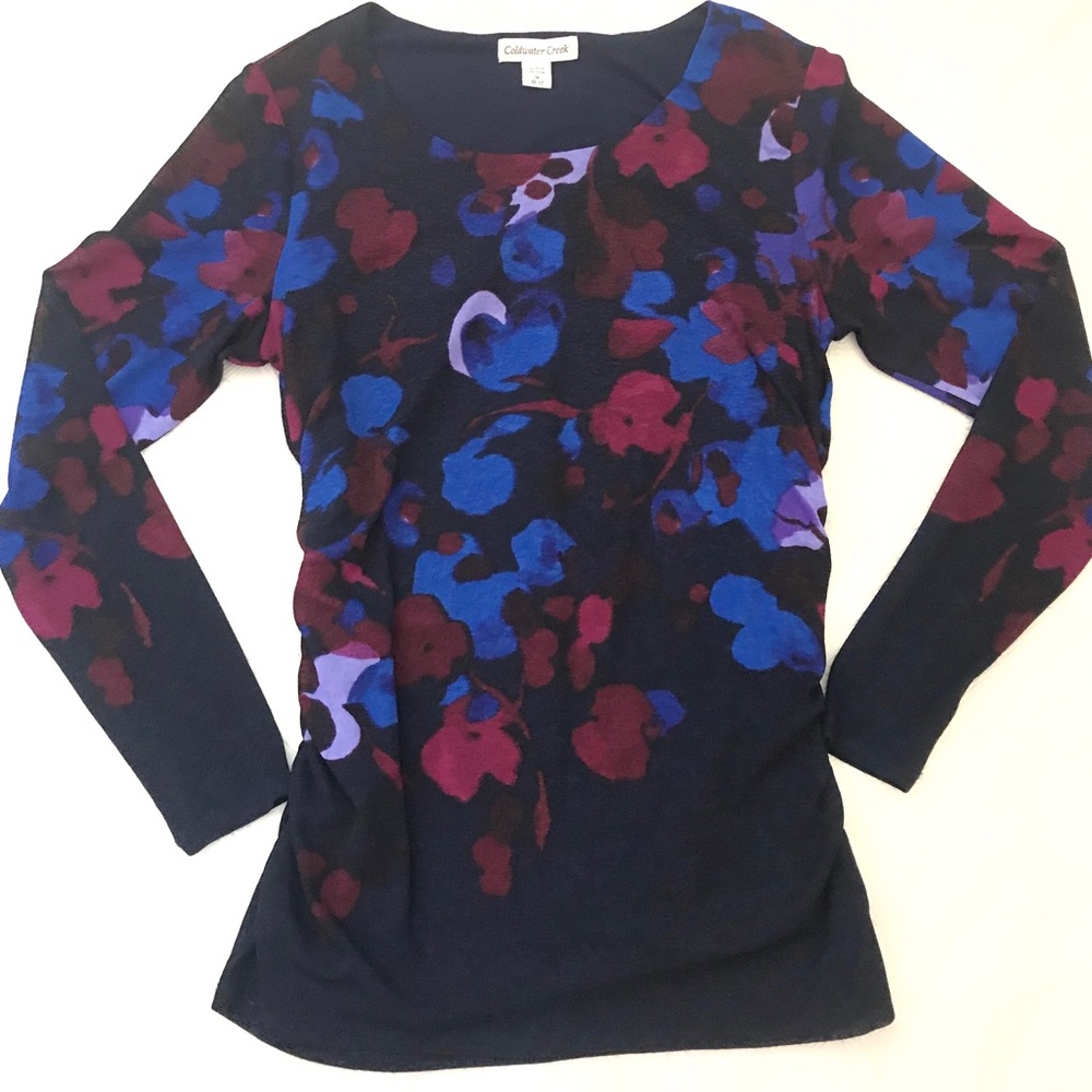 COLDWATER CREEK Navy Blue Purple Floral Top Sheer Sleeves M 10-12